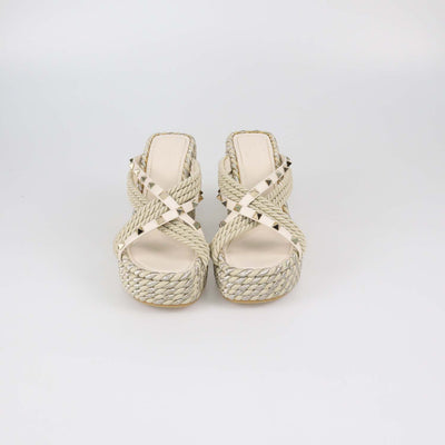 Valentino Ivory Raffia and Leather Rockstud Torchon Wedge Sandals
