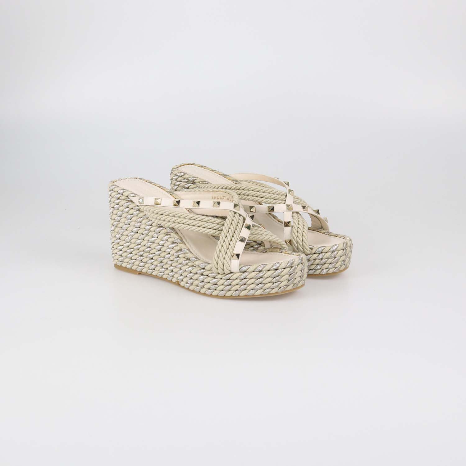 Valentino Ivory Raffia and Leather Rockstud Torchon Wedge Sandals