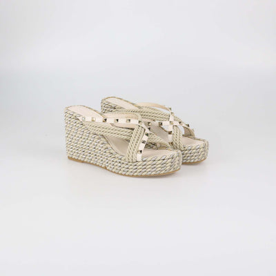 Valentino Ivory Raffia and Leather Rockstud Torchon Wedge Sandals