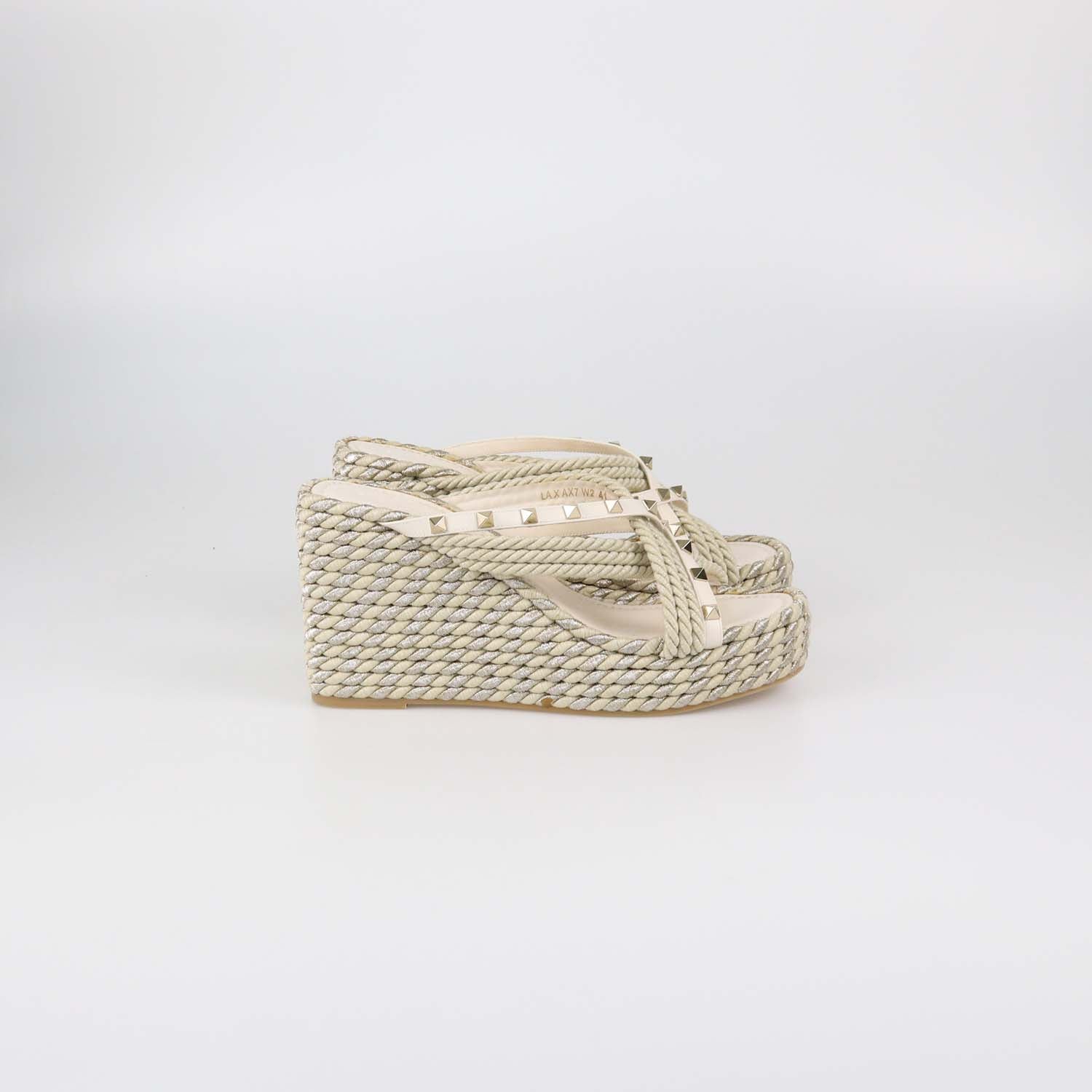 Valentino Ivory Raffia and Leather Rockstud Torchon Wedge Sandals