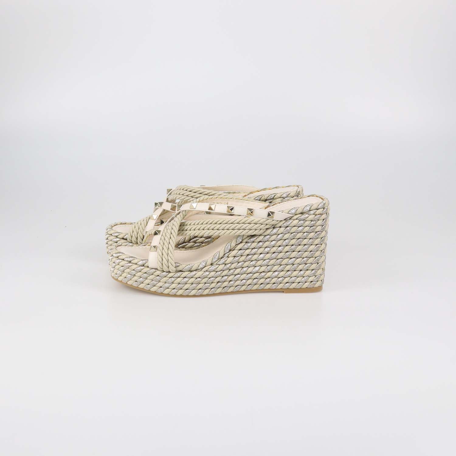 Valentino Ivory Raffia and Leather Rockstud Torchon Wedge Sandals
