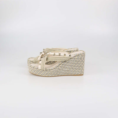 Valentino Ivory Raffia and Leather Rockstud Torchon Wedge Sandals