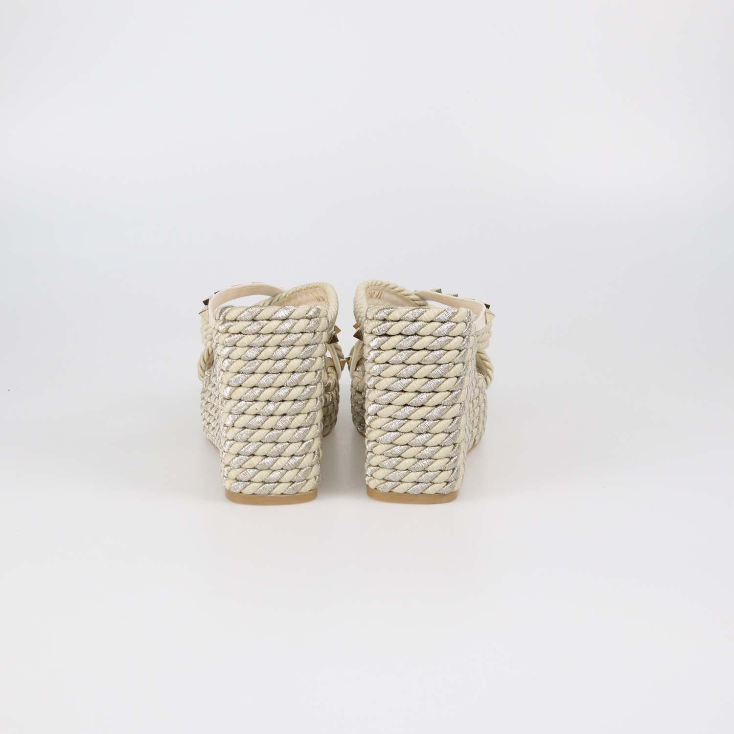 Valentino Ivory Raffia and Leather Rockstud Torchon Wedge Sandals