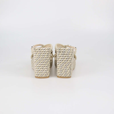 Valentino Ivory Raffia and Leather Rockstud Torchon Wedge Sandals