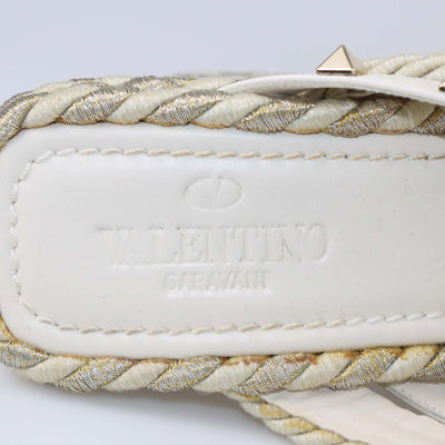 Valentino Ivory Raffia and Leather Rockstud Torchon Wedge Sandals