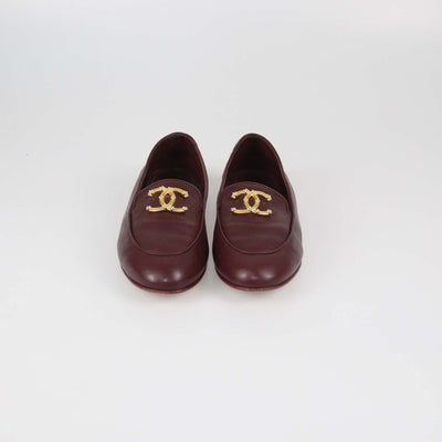 Chanel Burgundy Leather CC Pearl Loafers