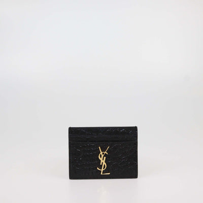 Saint Laurent Black Croc Embossed Leather Cassandre Card Holder