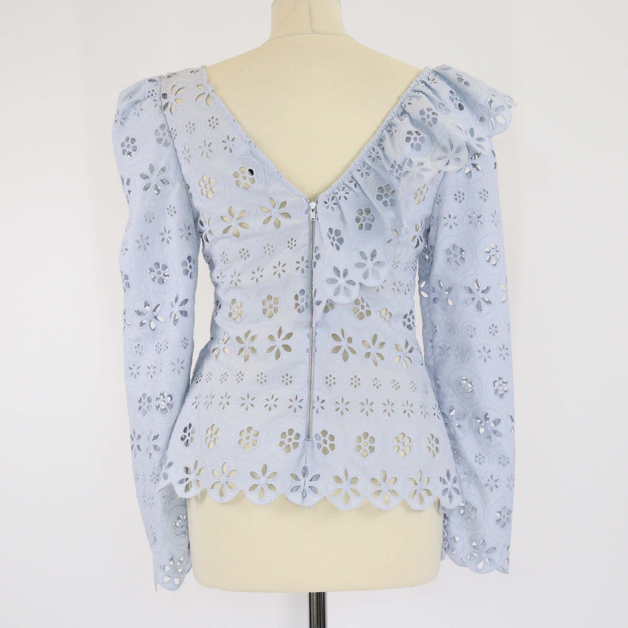 Self-Portrait Powder Blue Schiffli Lace Ruffled Embroidered Anglaise Top Womens Self-Portrait 
