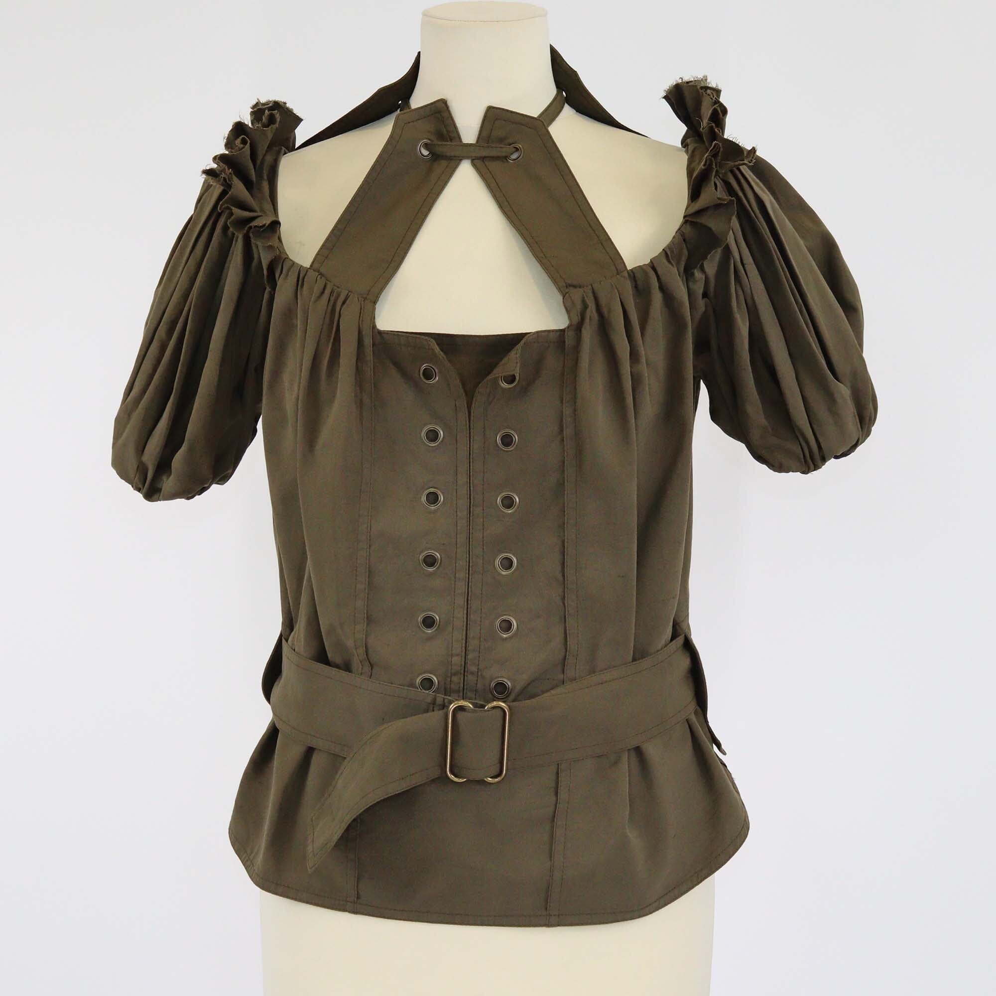 Yves Saint Laurent Olive Green Tie Detail Off Shoulder Belted Safari Top Womens Saint Laurent 