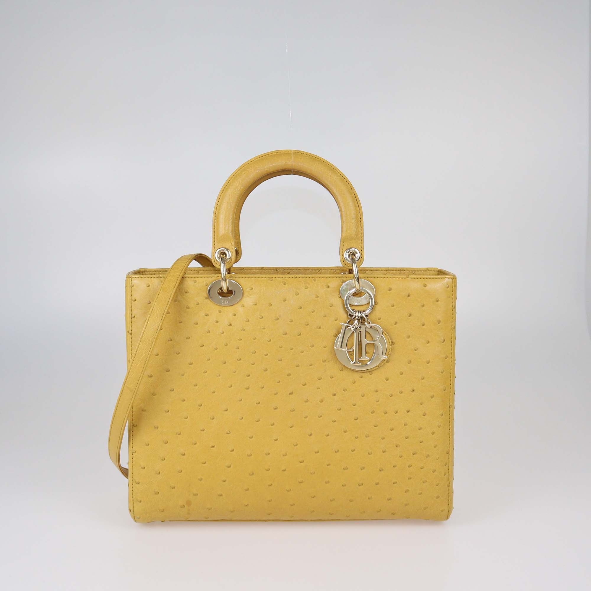 Christian Dior Yellow Ostrich Leather Large Lady Dior Tote
