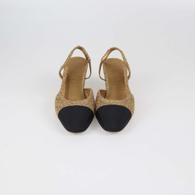 Chanel Gold/Black Tweed CC Cap Toe Slingback Sandals