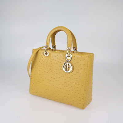 Christian Dior Yellow Ostrich Leather Large Lady Dior Tote