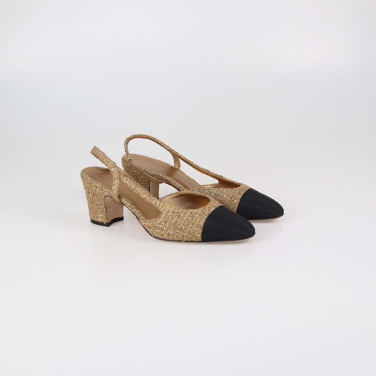 Chanel Gold/Black Tweed CC Cap Toe Slingback Sandals