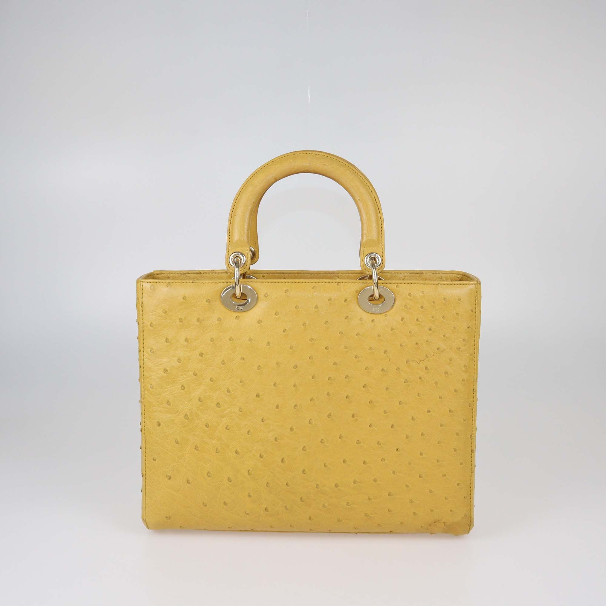 Christian Dior Yellow Ostrich Leather Large Lady Dior Tote