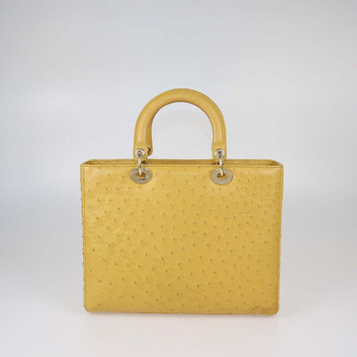 Christian Dior Yellow Ostrich Leather Large Lady Dior Tote