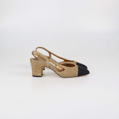 Chanel Gold/Black Tweed CC Cap Toe Slingback Sandals