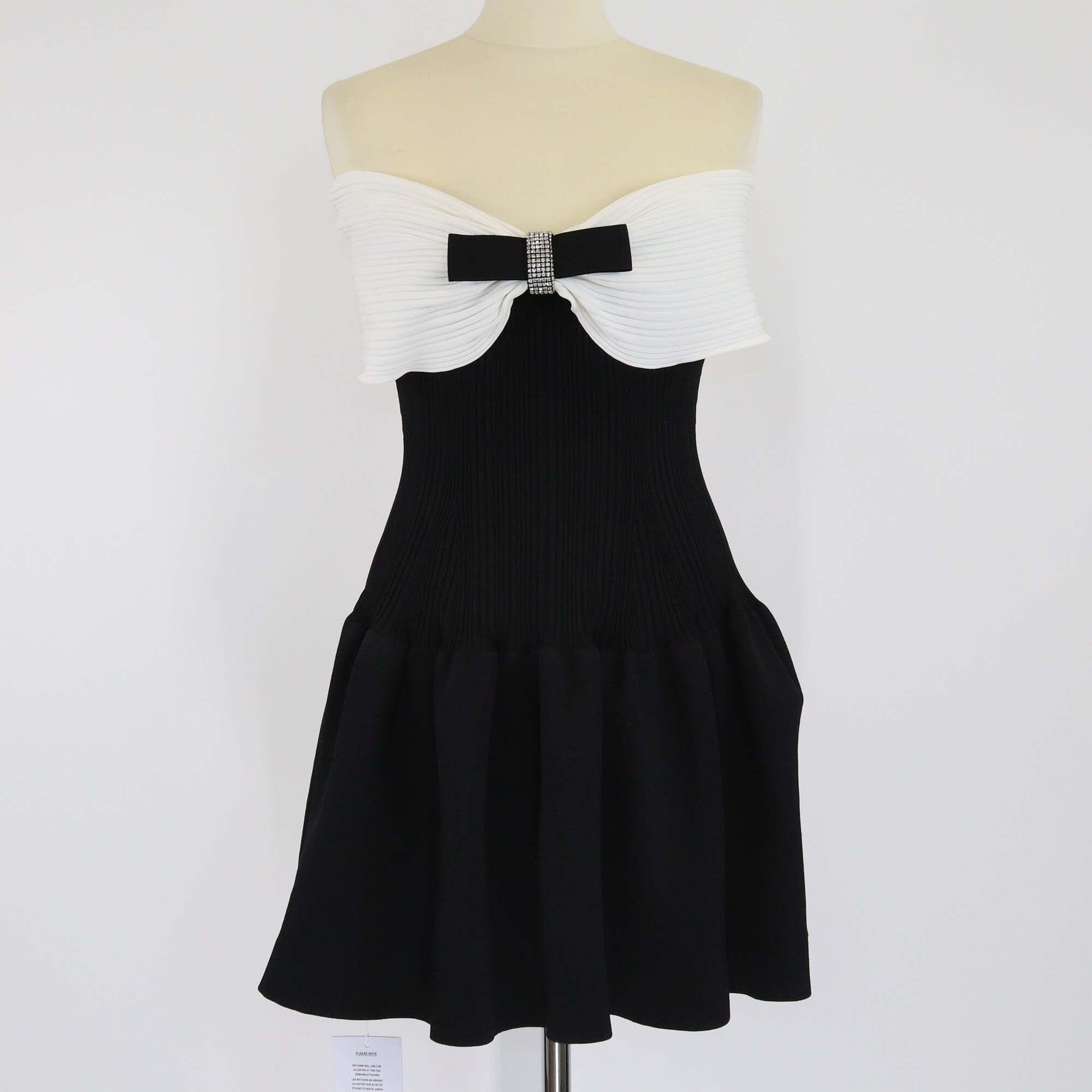 Self-Portrait Black/White Off Shoulder Knit Bow Mini Dress Womens Self-Portrait 