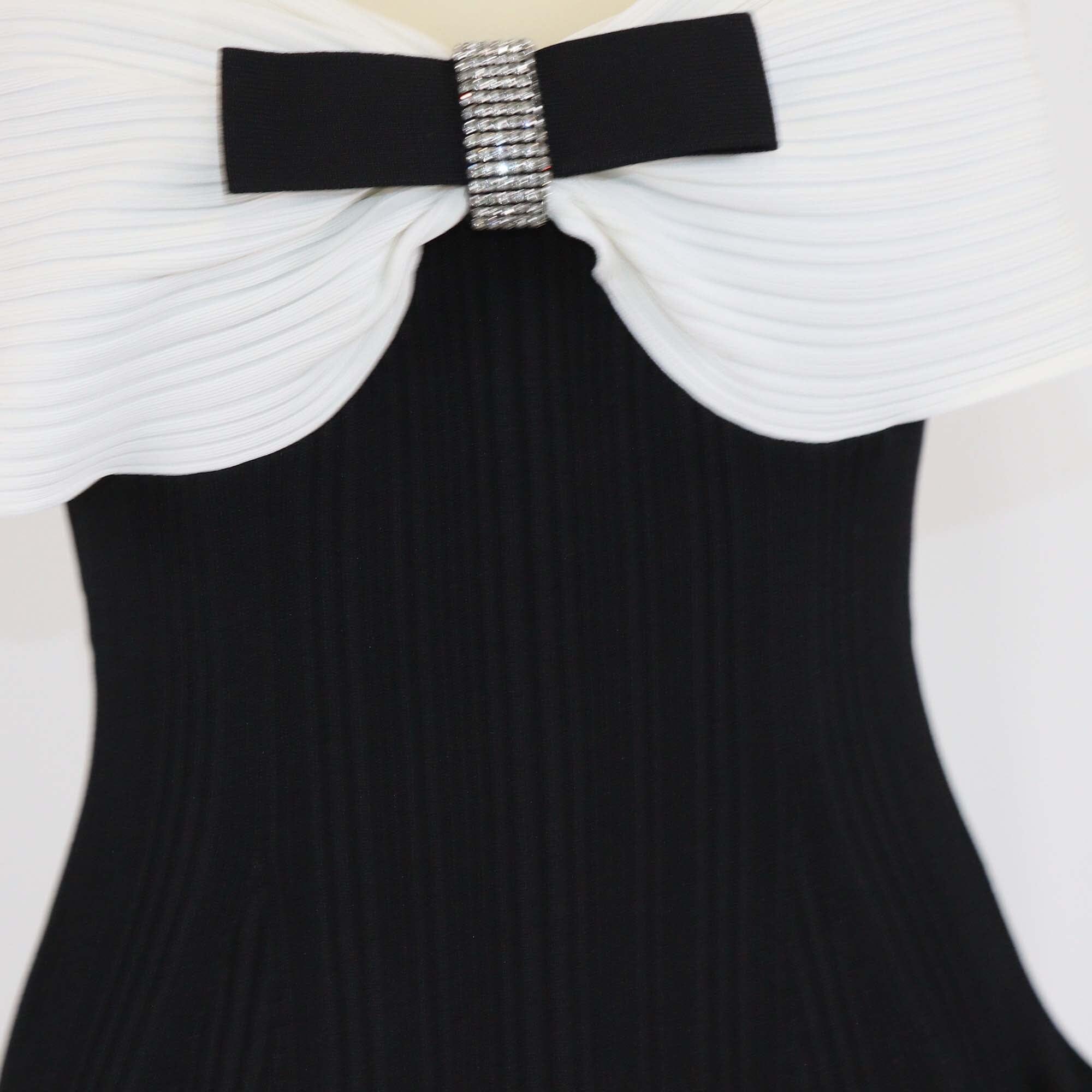Self-Portrait Black/White Off Shoulder Knit Bow Mini Dress Womens Self-Portrait 