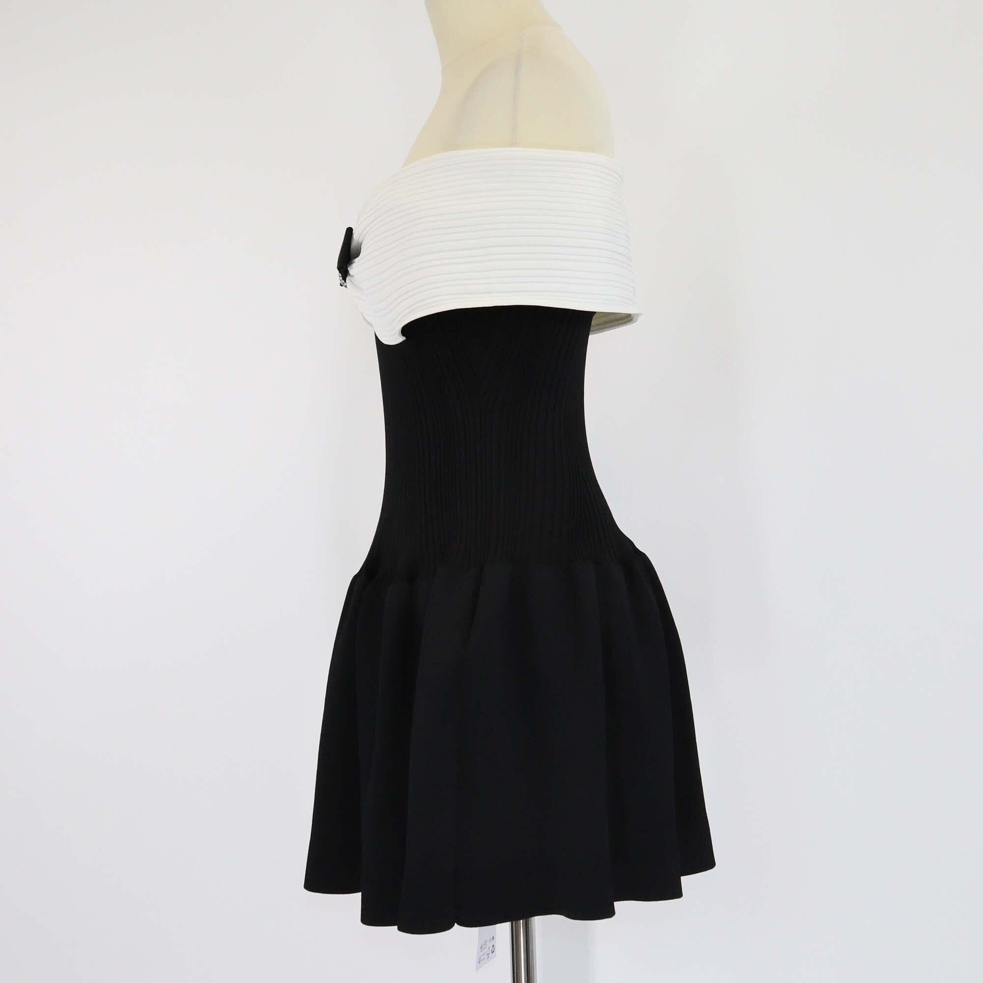 Self-Portrait Black/White Off Shoulder Knit Bow Mini Dress Womens Self-Portrait 