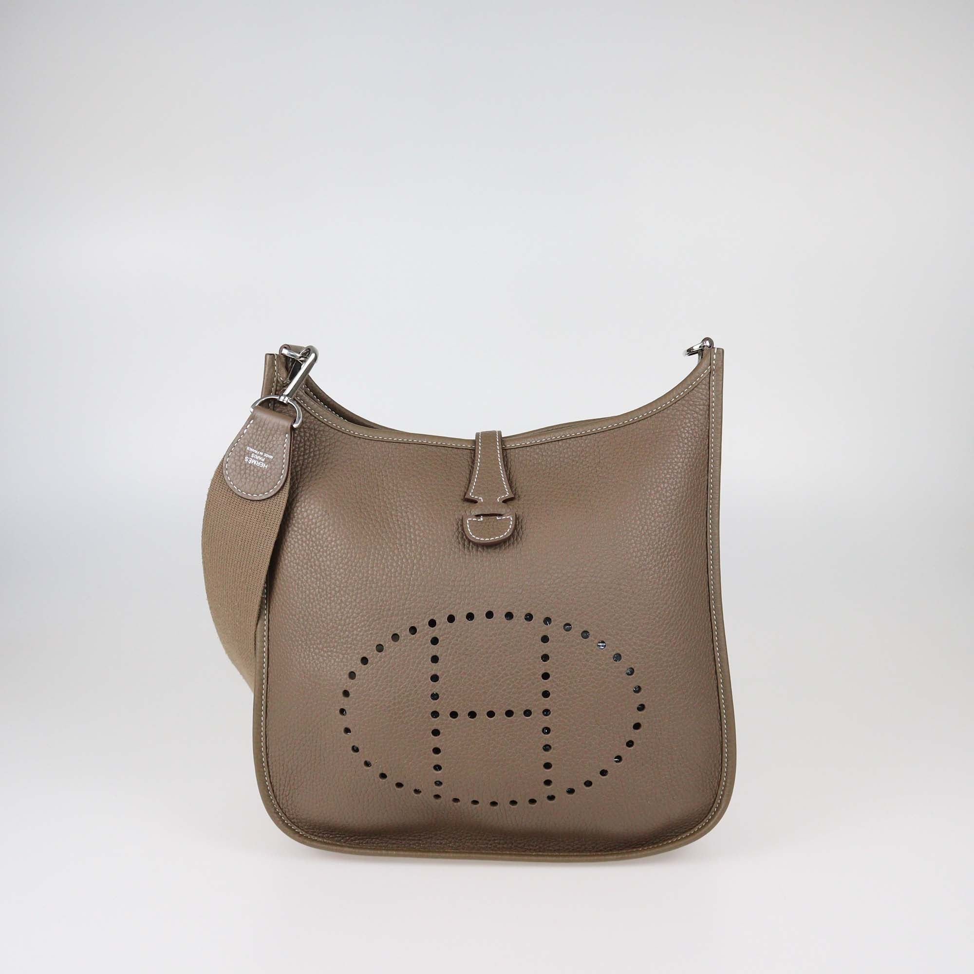 Hermes Etoupe Clemence Leather Evelyne III PM Bag