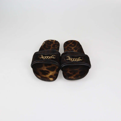 Tom Ford Brown/Black Leopard Print Calf Hair Chain Link Slides