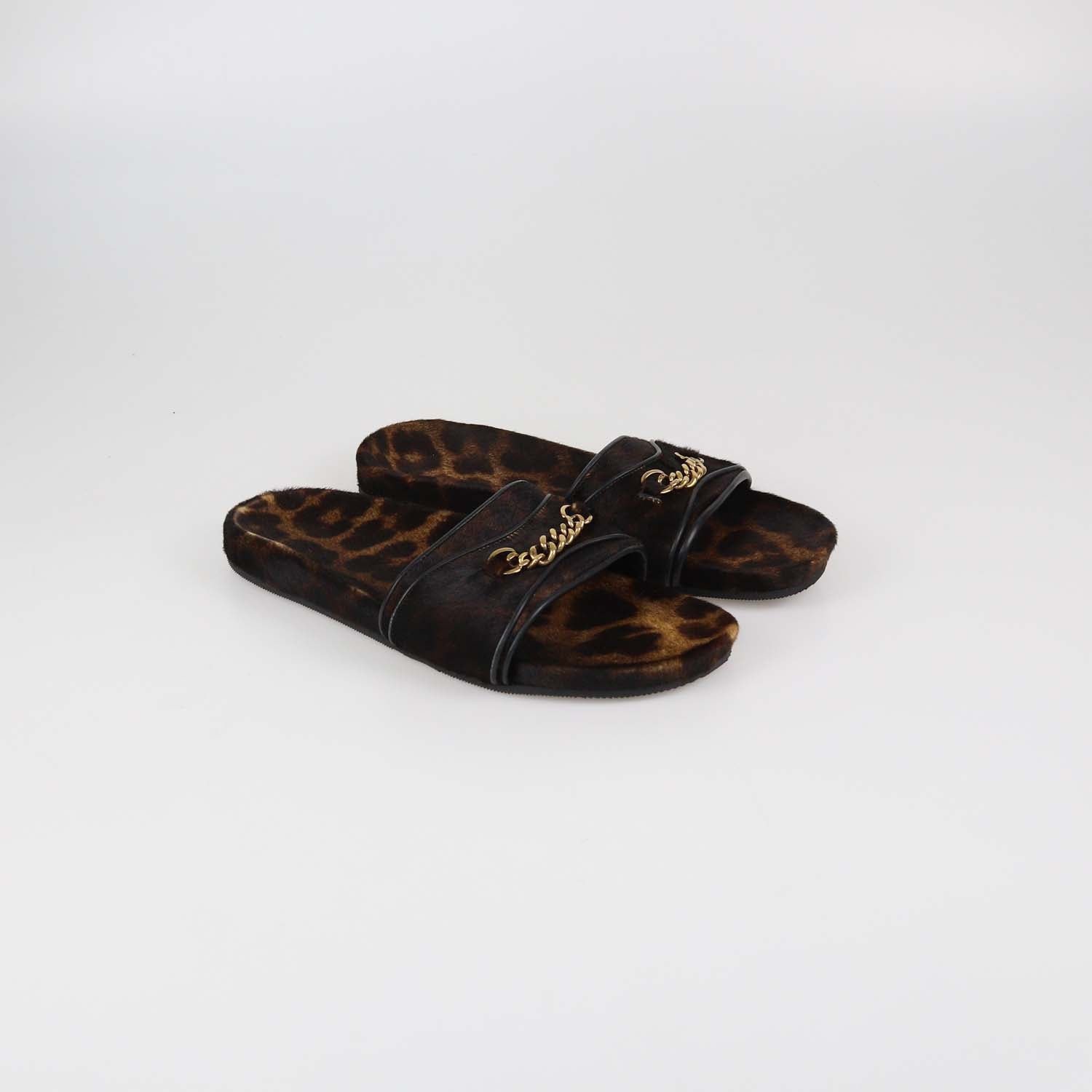Tom Ford Brown/Black Leopard Print Calf Hair Chain Link Slides