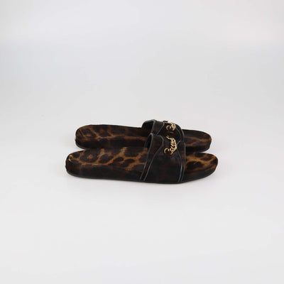 Tom Ford Brown/Black Leopard Print Calf Hair Chain Link Slides