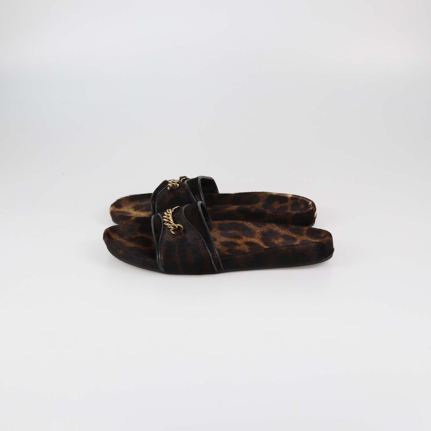 Tom Ford Brown/Black Leopard Print Calf Hair Chain Link Slides