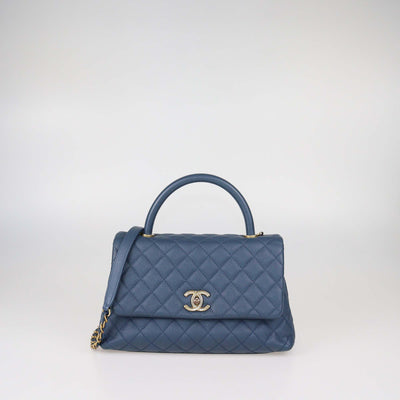 Chanel Blue Quilted Caviar Leather Large Coco Flap Top Handle Bag