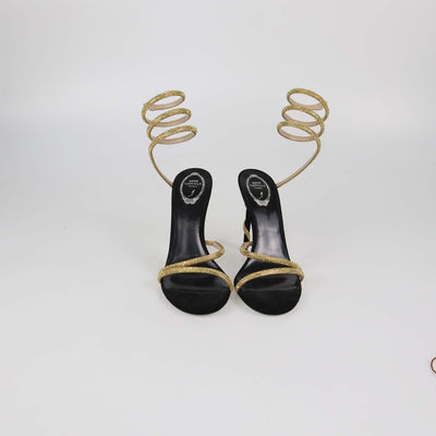 Rene Caovilla Gold/Black Satin Crystal Embellished Margot Sandals