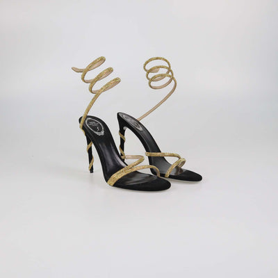 Rene Caovilla Gold/Black Satin Crystal Embellished Margot Sandals