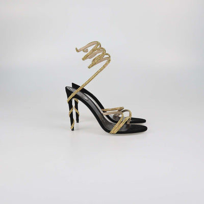 Rene Caovilla Gold/Black Satin Crystal Embellished Margot Sandals