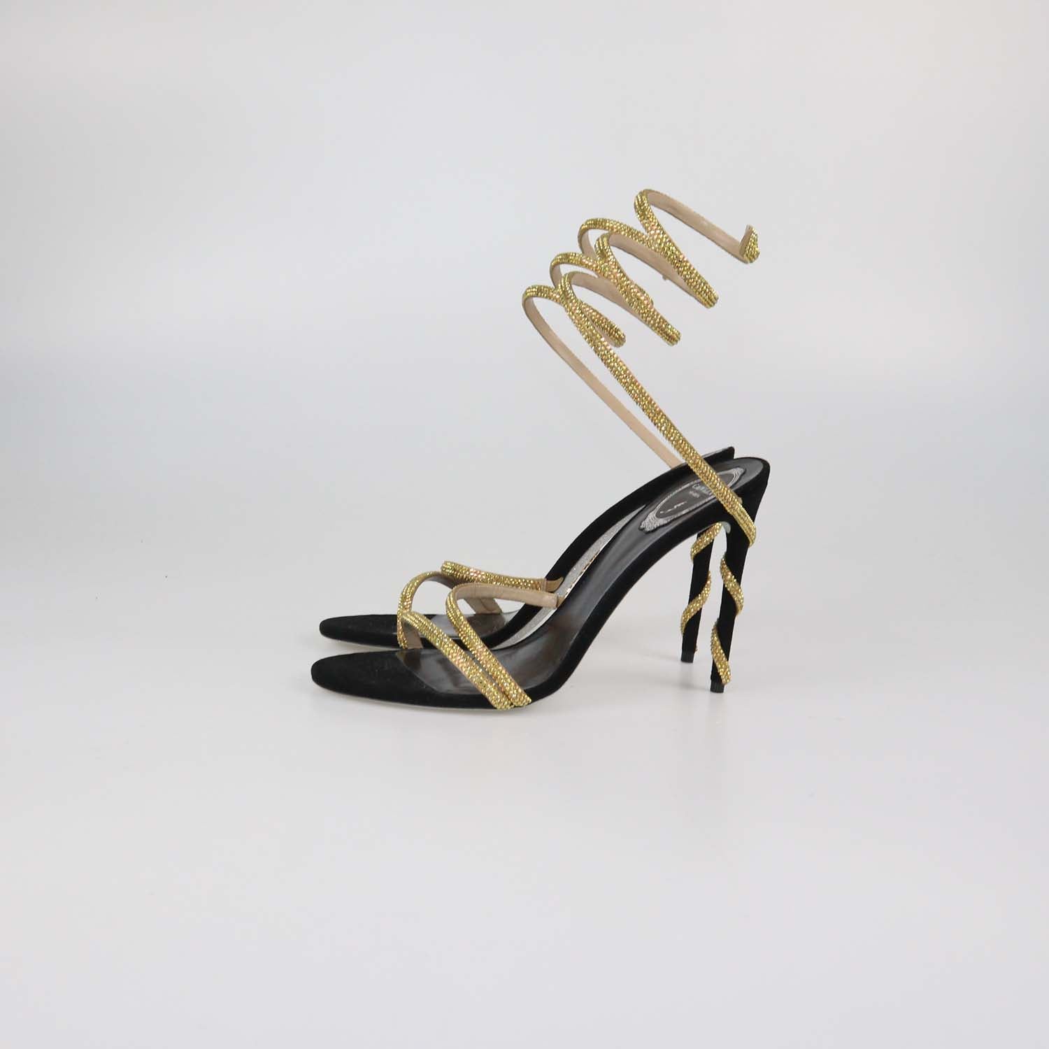 Rene Caovilla Gold/Black Satin Crystal Embellished Margot Sandals