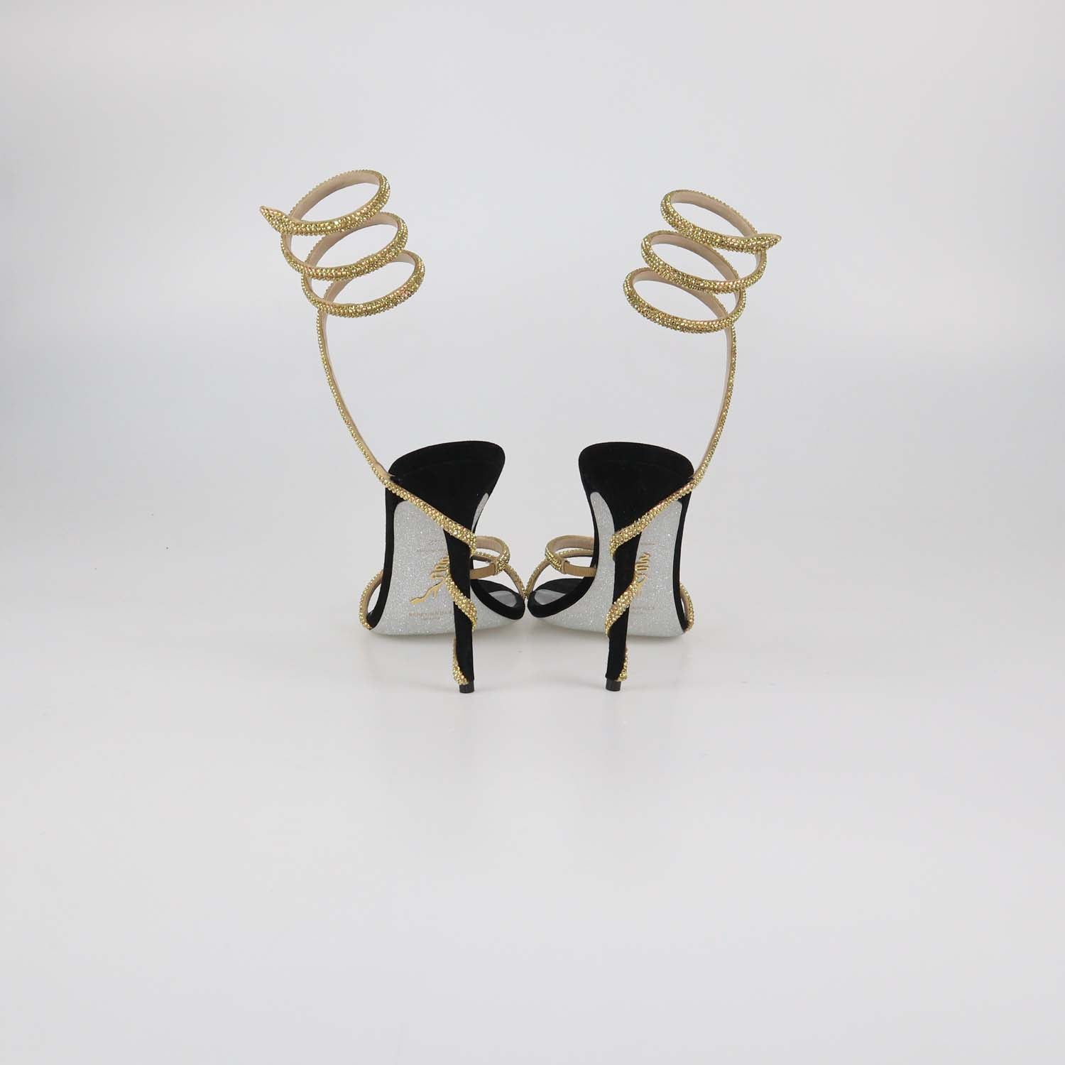 Rene Caovilla Gold/Black Satin Crystal Embellished Margot Sandals