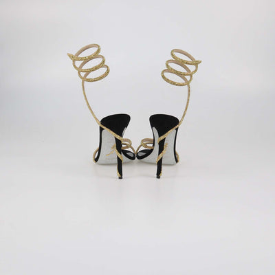 Rene Caovilla Gold/Black Satin Crystal Embellished Margot Sandals