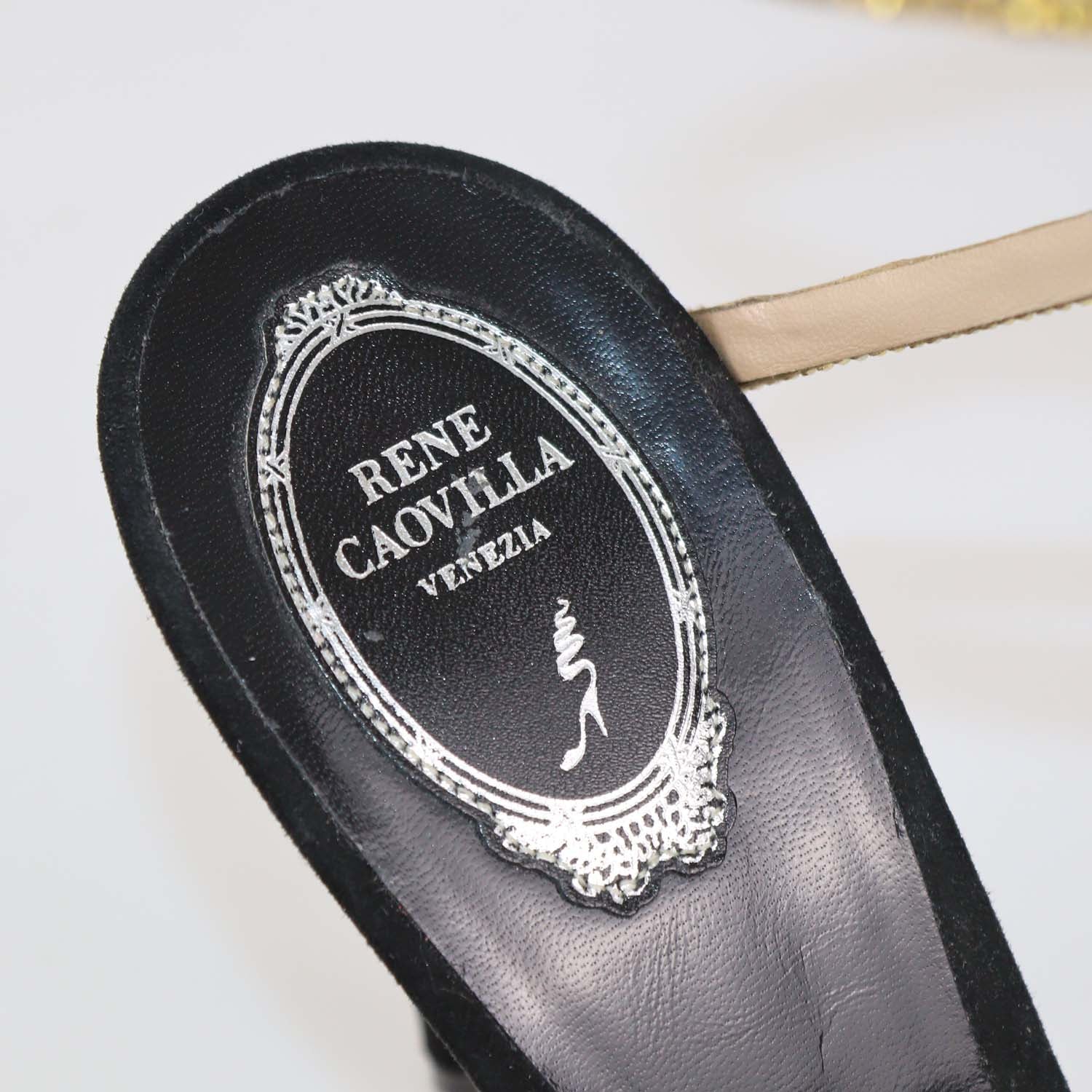 Rene Caovilla Gold/Black Satin Crystal Embellished Margot Sandals