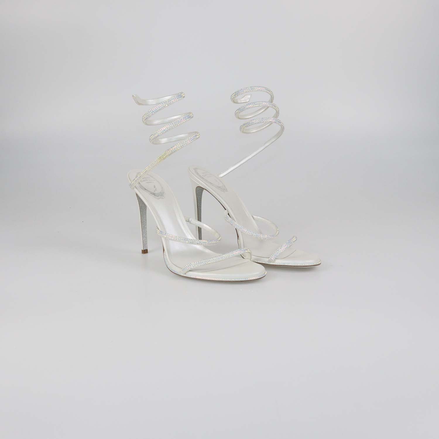 Rene Caovilla White Satin Crystal Embellished Margot Sandals
