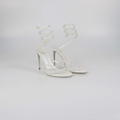 Rene Caovilla White Satin Crystal Embellished Margot Sandals