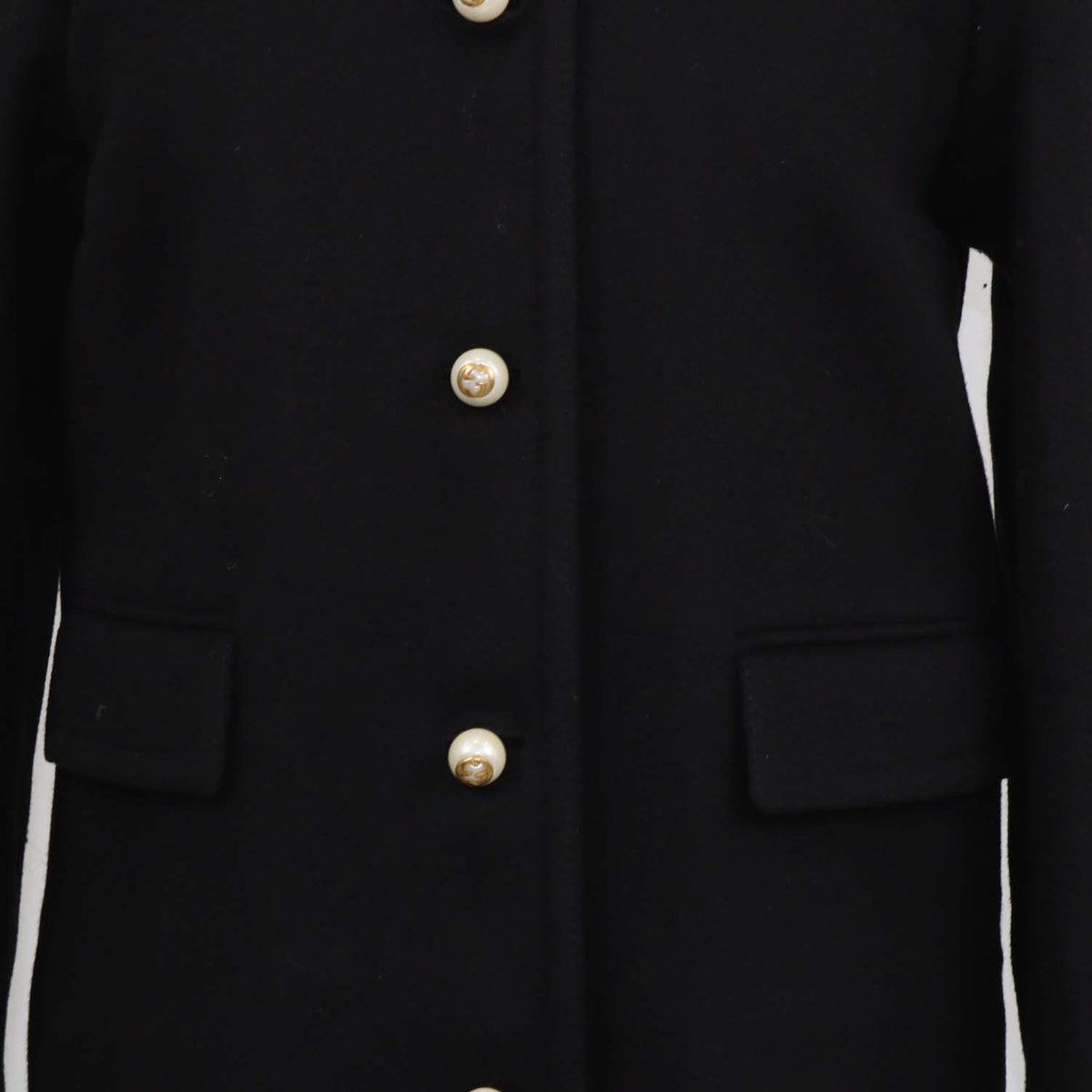 Gucci Black Wool Faux Pearl GG Button Coat
