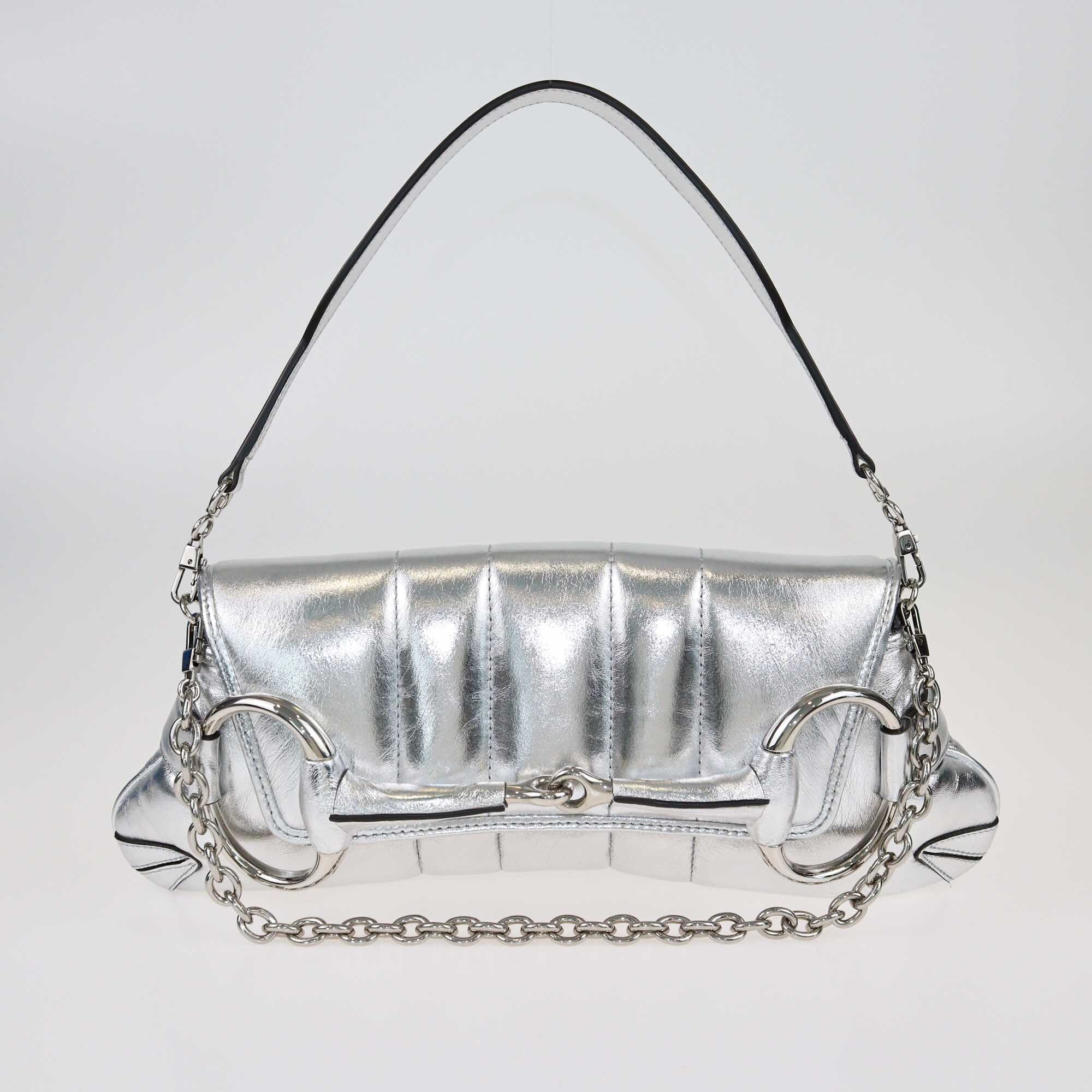 Gucci Silver Medium Horsebit Chain Shoulder Bag Bags Gucci 