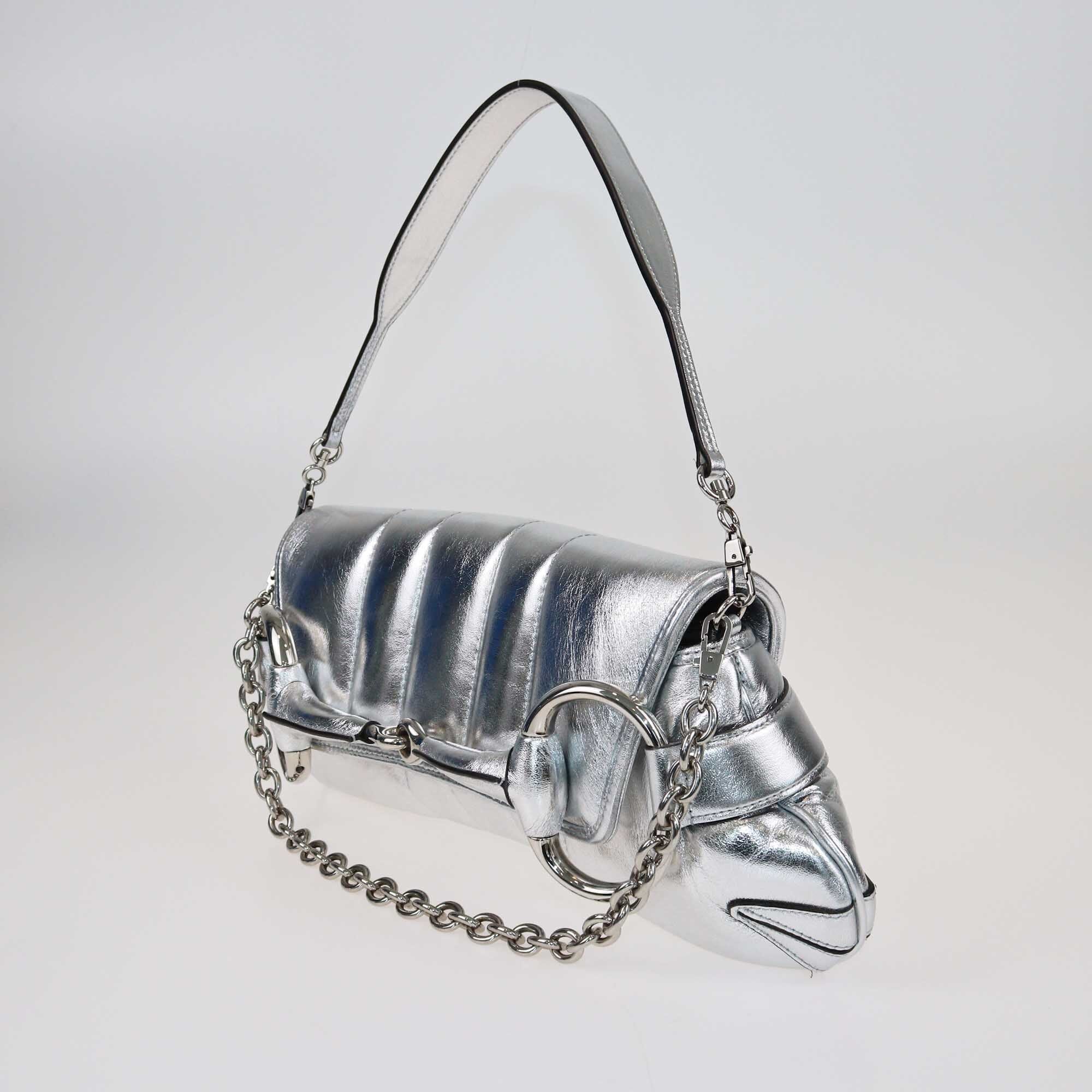 Gucci Silver Medium Horsebit Chain Shoulder Bag Bags Gucci 