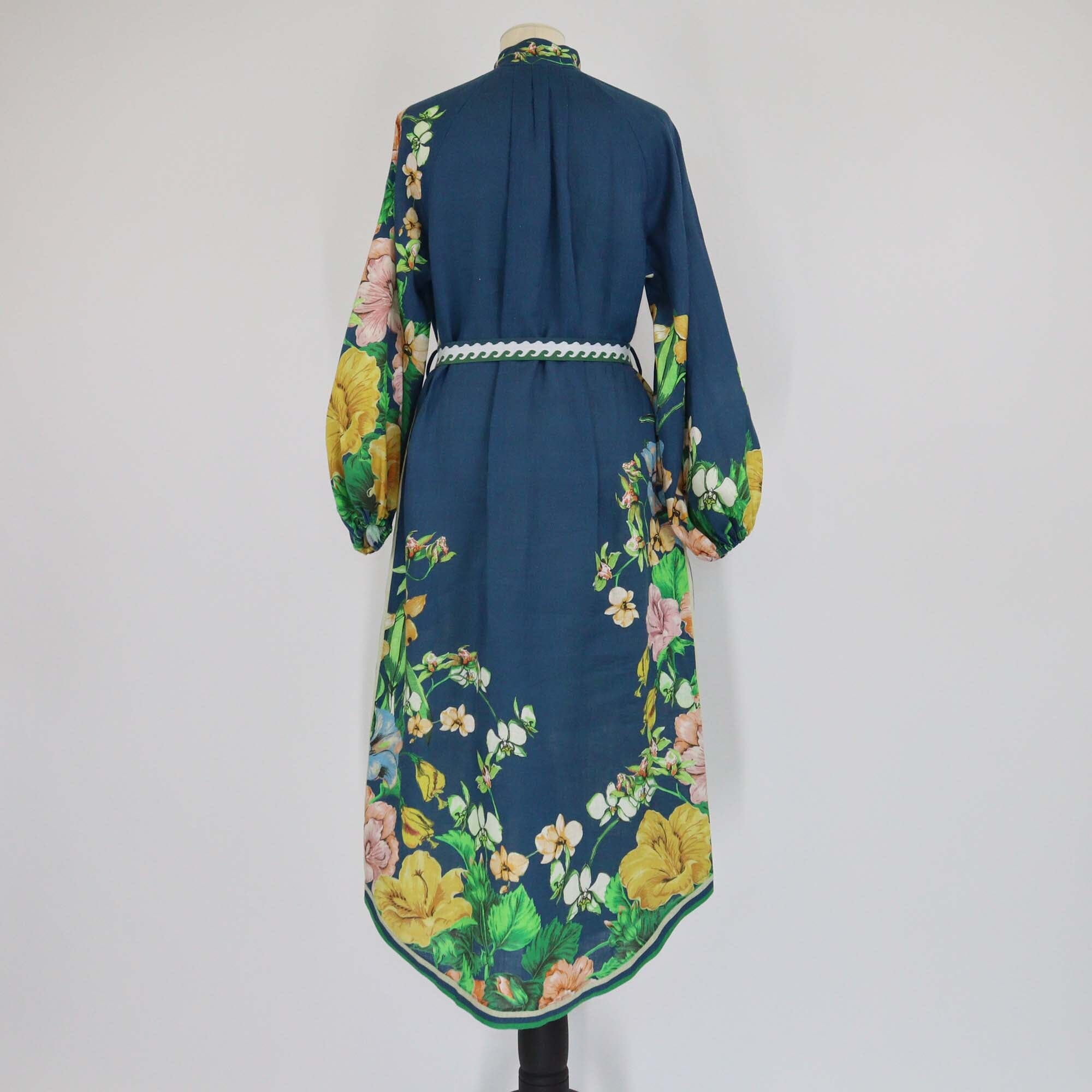 Alemais Blue Floral Print Long Sleeve Mock Neck Shirt Dress Womens Alemais 