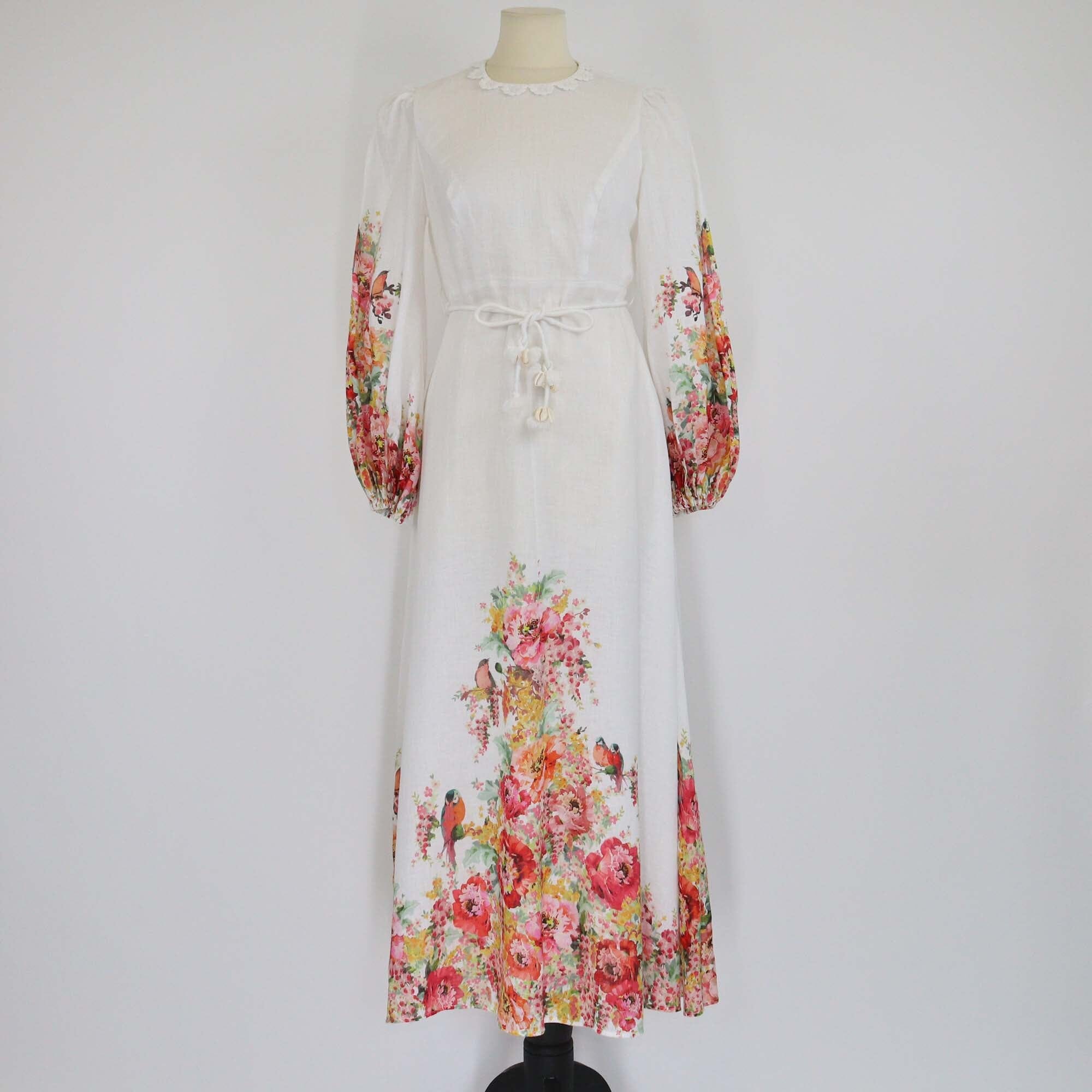 Zimmermann White Floral Printed Belted Long Sleeve Maxi Dress Womens Zimmermann 