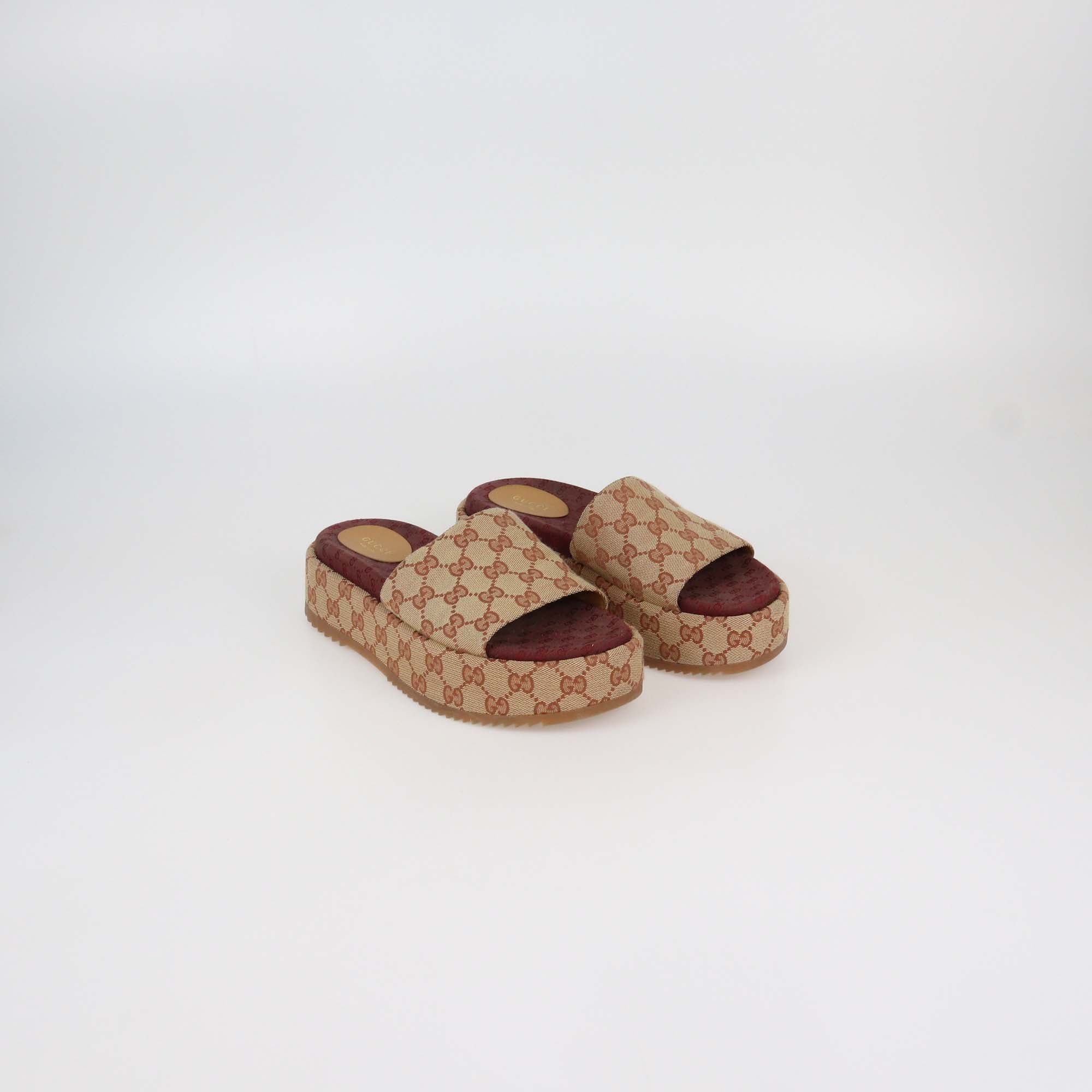 Gucci Beige/Red GG Canvas Platform Slide Sandals