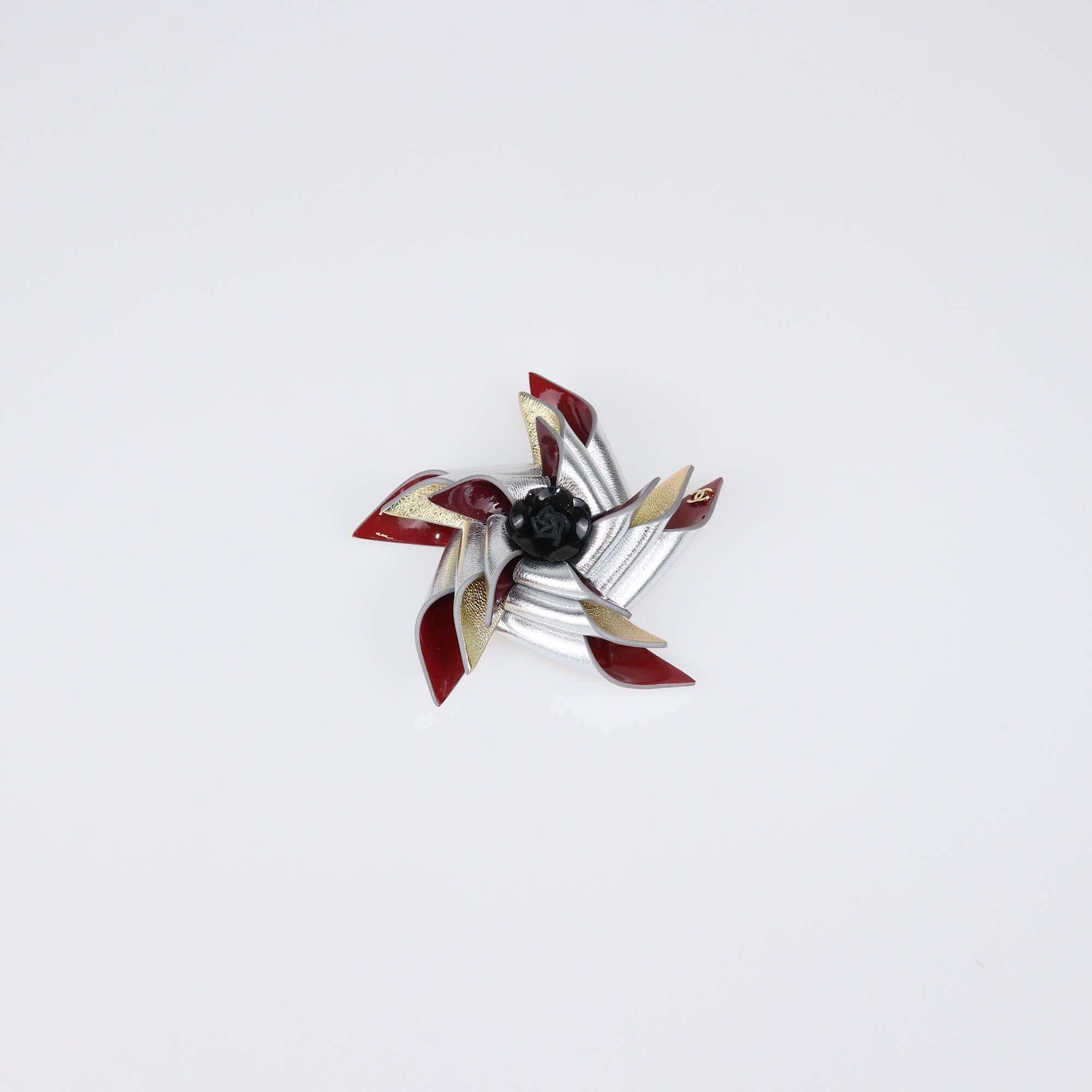 Chanel Multicolor Leather and Patent Leather CC Pinwheel Brooch