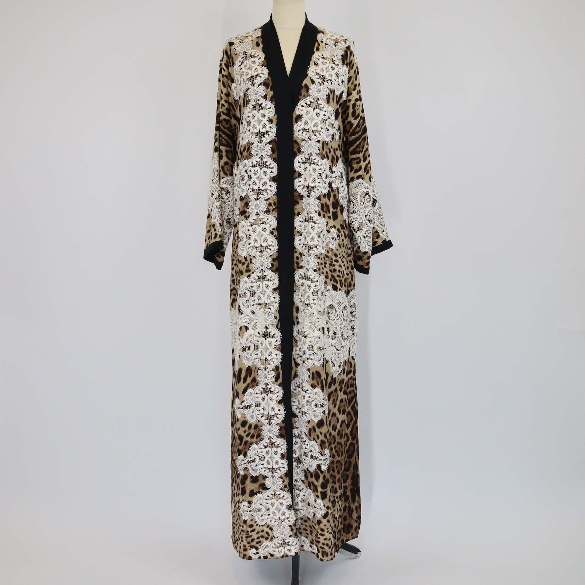 Dolce & Gabbana Multicolor Leopard Print Lace Detail Abaya Dress Womens Dolce & Gabbana 