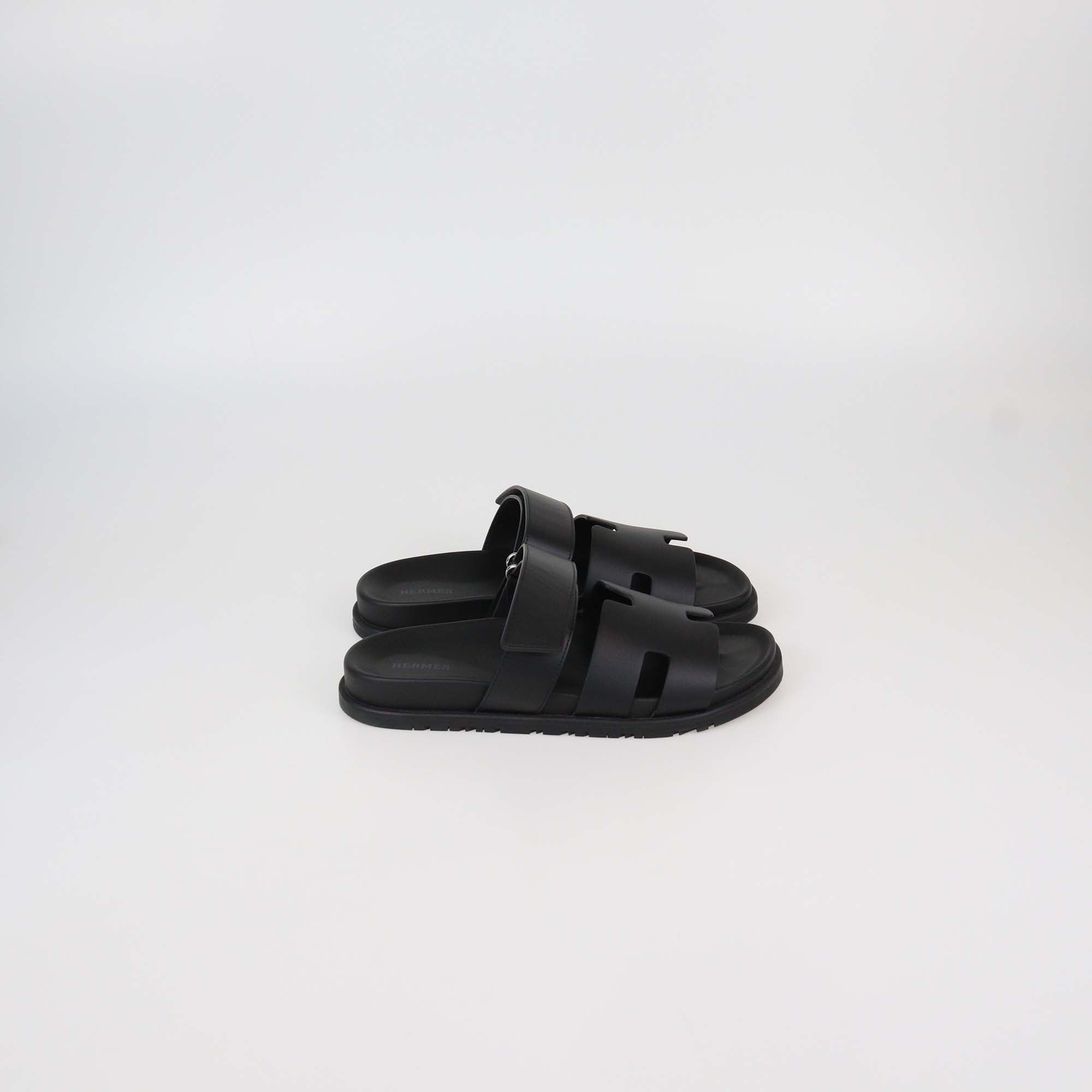 Hermes Black Leather Chypre Sandals