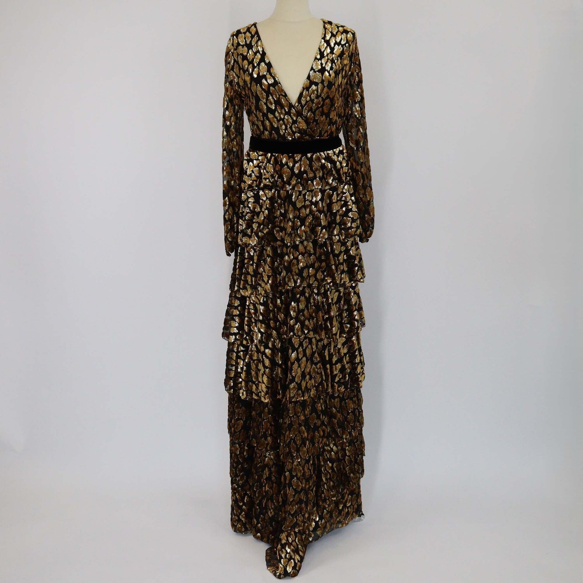 Valentino Black/Gold Leopard Patterned V Neck Belted Maxi Dress Womens Valentino 