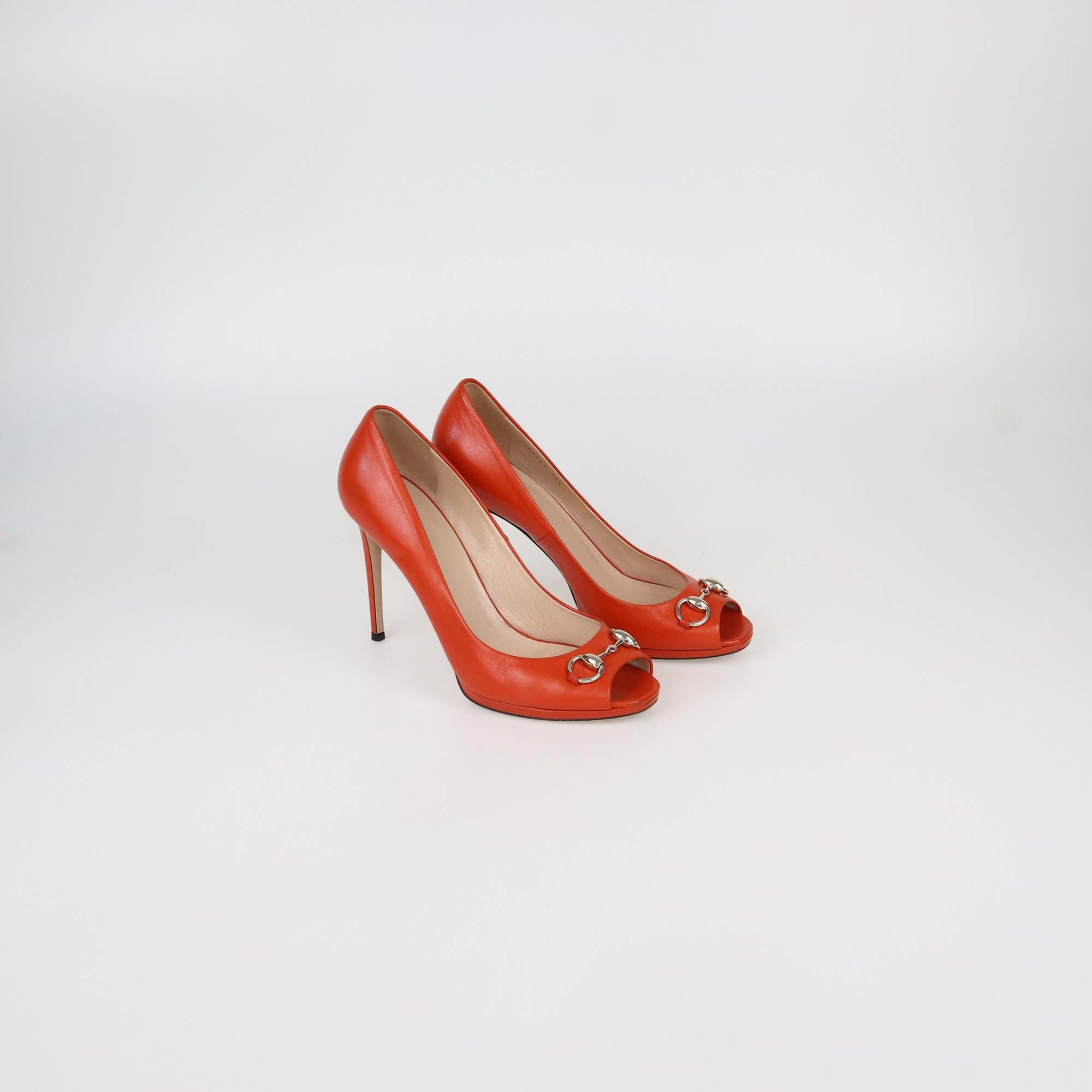 Gucci Dark Orange Leather Horsebit Peep Toe Pumps