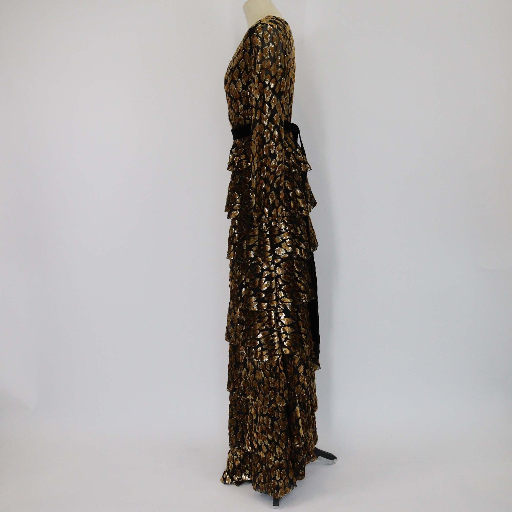 Valentino Black/Gold Leopard Patterned V Neck Belted Maxi Dress Womens Valentino 